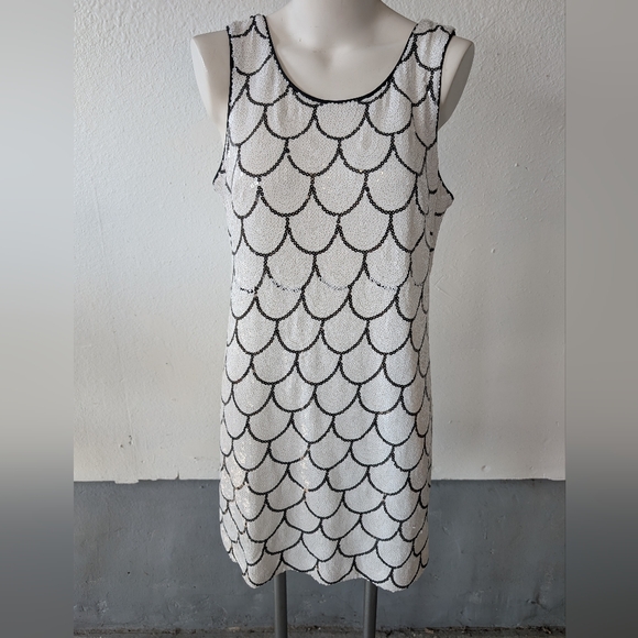 Oleg Cassini Sequin White and Black Dress Vintage Size 12 - Picture 1 of 4